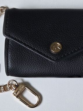 Anne Klein Black Pebbled Mini Wallet Card Case Gold Hardware and Pendant Charm